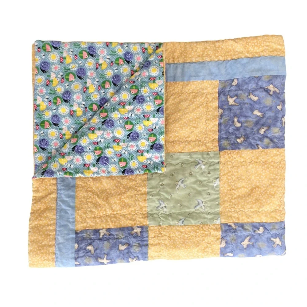 Handmade Patchwork Quilt 35x30 In Yellow Blue‎ Baby Blanket Birds Cotton